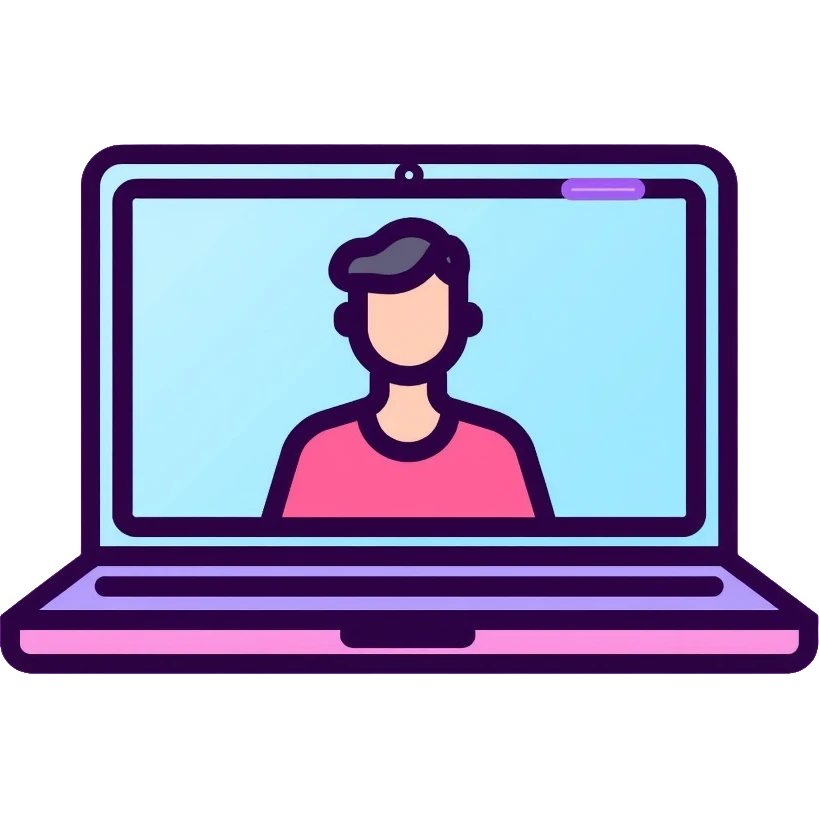 laptop computer with video call showing a person on screen, pink and light blue interface, with neon glow lines, blue neon light on top left, purple neon light on bottom right emoji