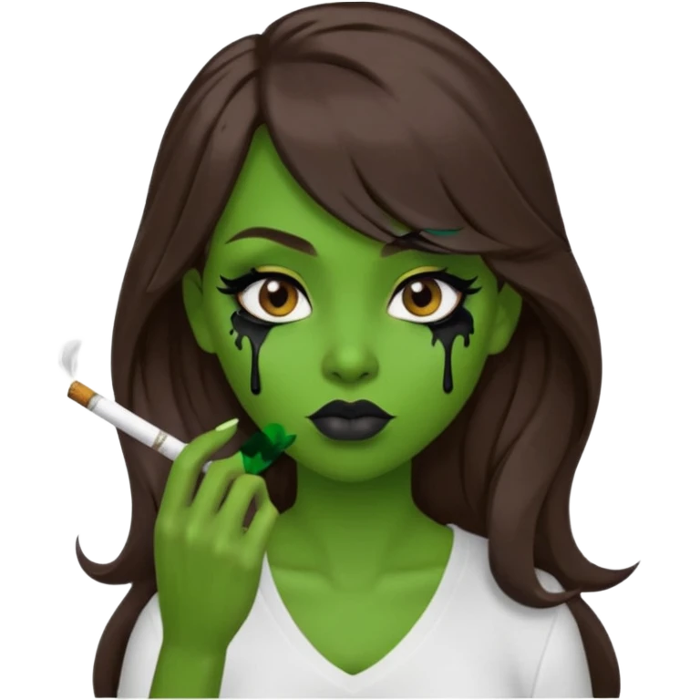 {
  "prompt": "3D cartoon-style green-skinned girl with long brown hair and a side-swept bang. Large brown eyes with black dripping makeup, white V-neck shirt, cigarette in her mouth, dark background. Same proportions and style as the original description.",
  "size": "1024x1024"
} emoji