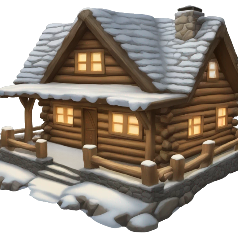 Snowy log cabin with a stone chimney, decorated for Christmas  emoji