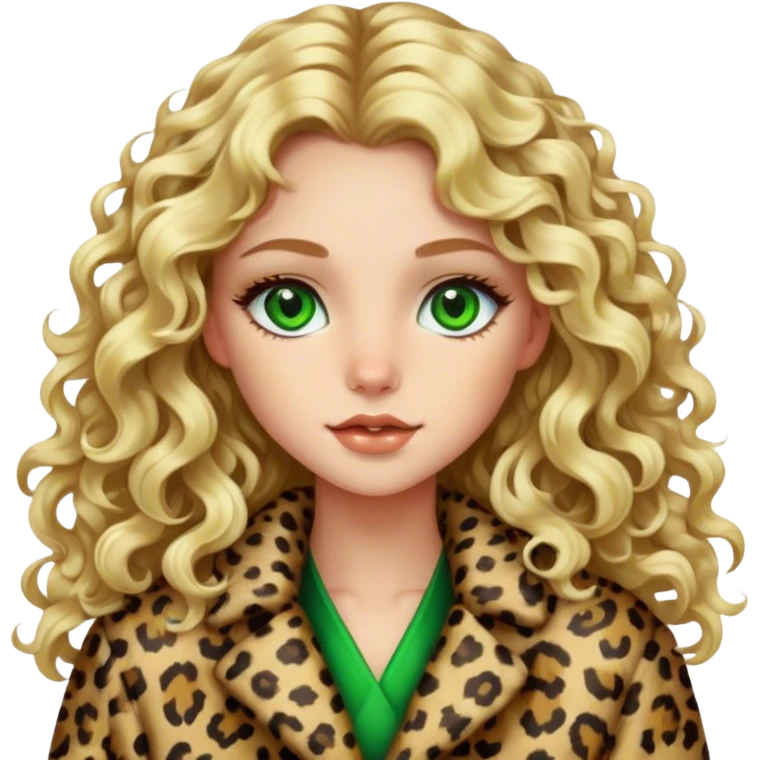 Blonde girl with long curly hair and green eyes in leopard print coat  emoji