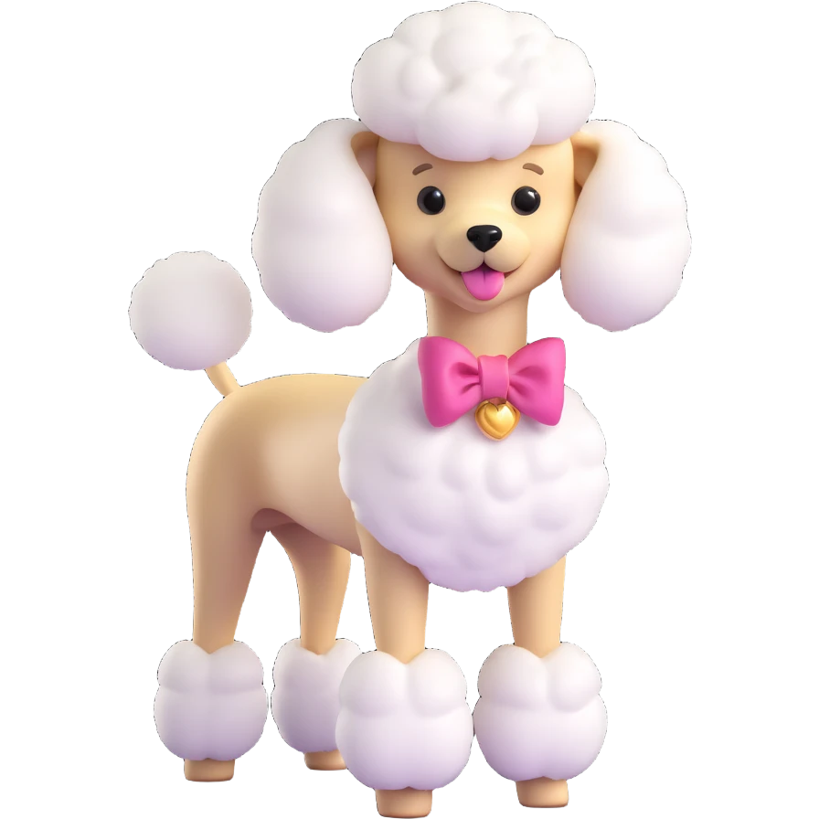 a posh poodle with a fancy haircut, standing with a proud posture and a little bow emoji