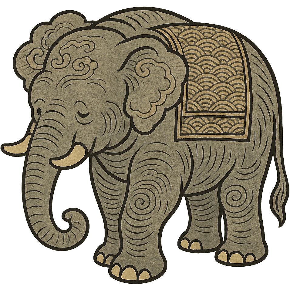 ukiyo-e inspired cartoon illustration of an elephant emoji