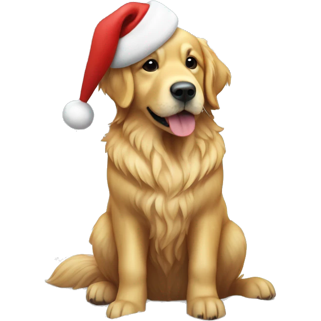Golden retriever with a Santa hat on, sat in snow  emoji