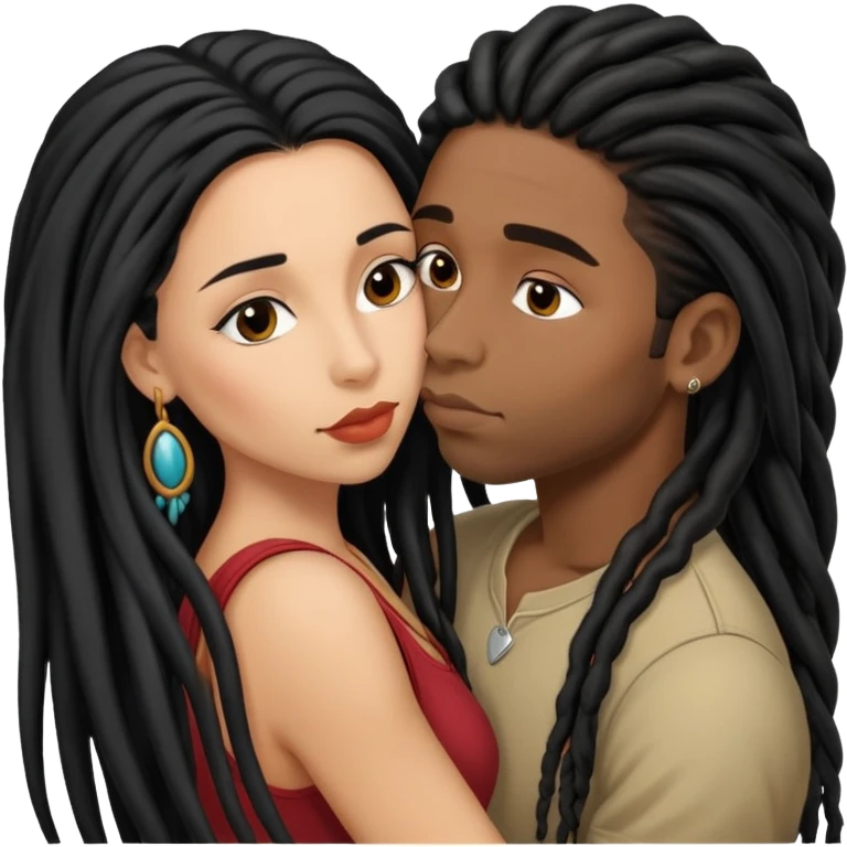 Latina Woman with long hair kissing a young black guy with dreads no beard emoji