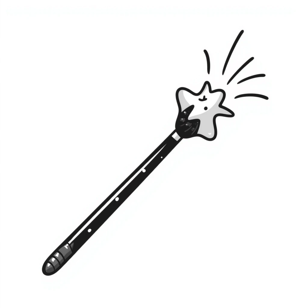 Hand-drawn magic wand with sparkly star tip and magical effect emoji