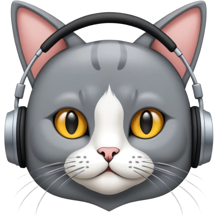 Gato persa gris con audífonos y detrás de él un cartel con el nombre PRIMERA 88.3FM emoji