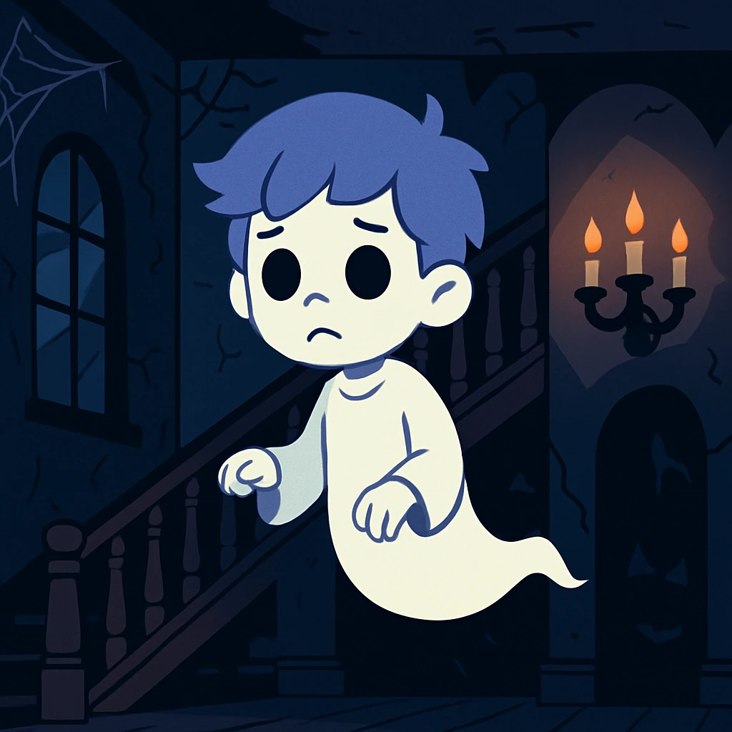 flat toon style ghost boy in a haunted house, cartoon spooky setting emoji