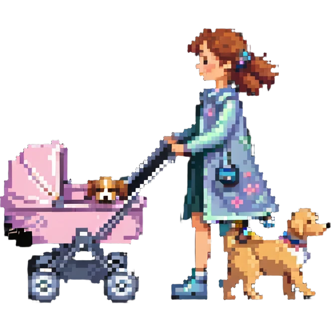 girl walking a dog in a stroller emoji