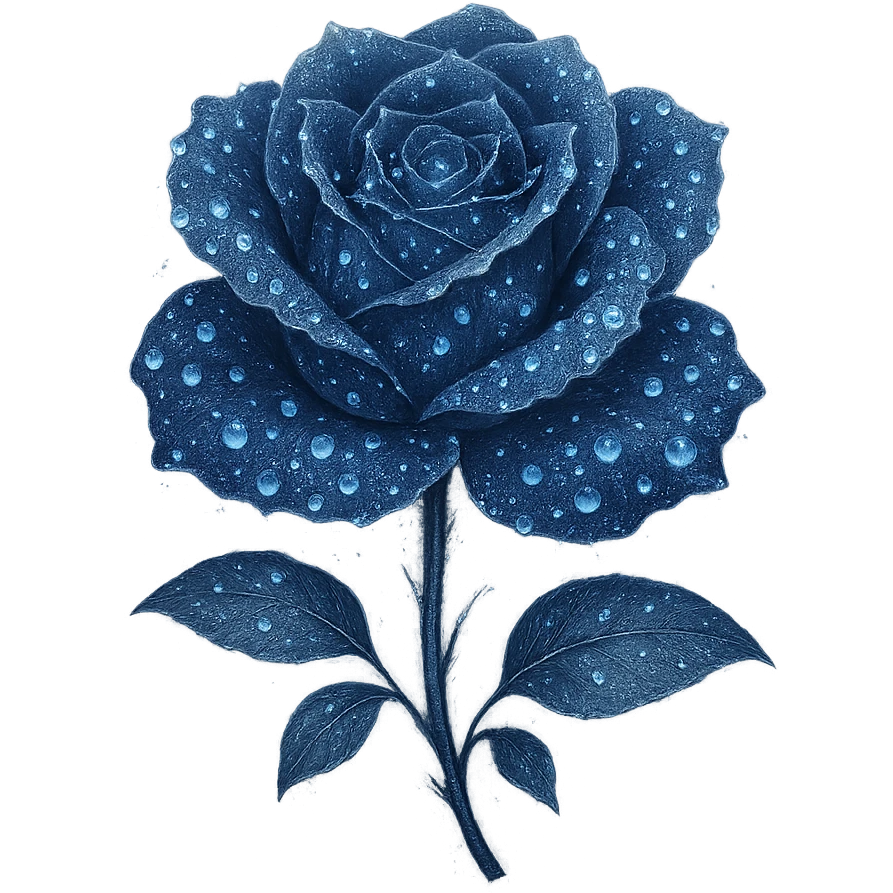 Add glowing dewdrops on the petals of the midnight rose in deep blue, adorned with subtle silver accents and a soft, ethereal glow. Keep the background transparent. The style should reflect a delicate and ethereal look with emphasis on the glowing effect and silver accents. emoji