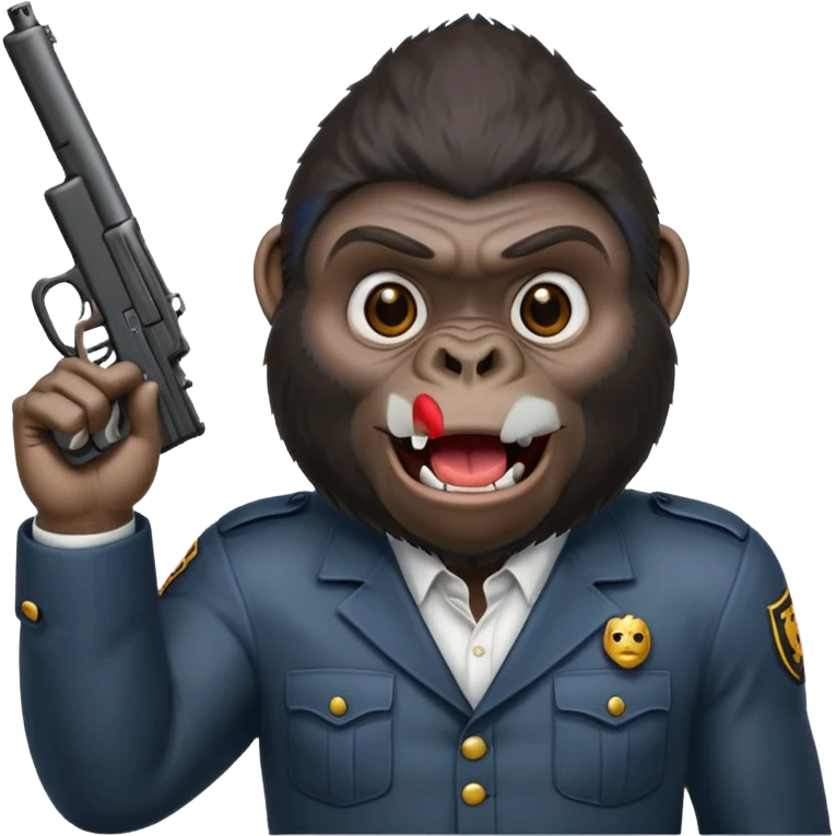 A gorilla holding a gun in the air making a silly face emoji