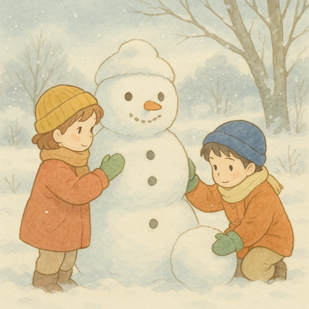 ghibli style kids building a snowman, soft colors, gentle winter scene emoji