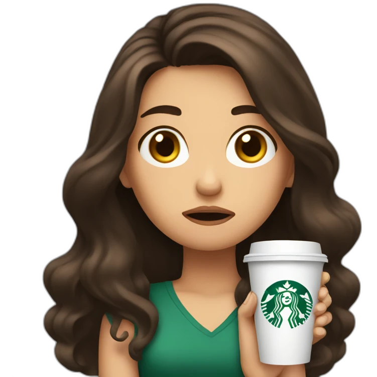 upset stressed anxious brunette girl holding starbucks emoji