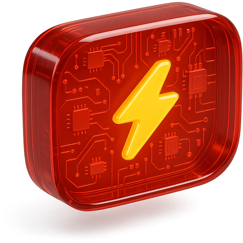 YouTube logo centered on red background with a lightning bolt inside instead of the play button, glossy circuit style emoji