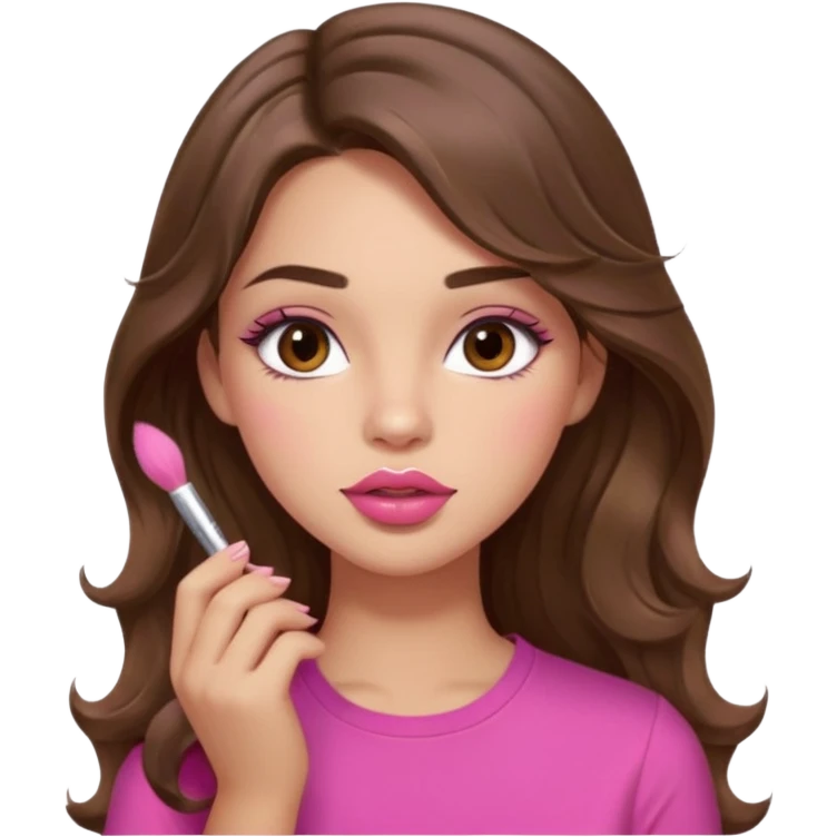 girl with long wavy brown hair, brown eyes, light to medium complexion, in a pink shirt, pink lips, long lashes, puckered lips, putting on blush emoji