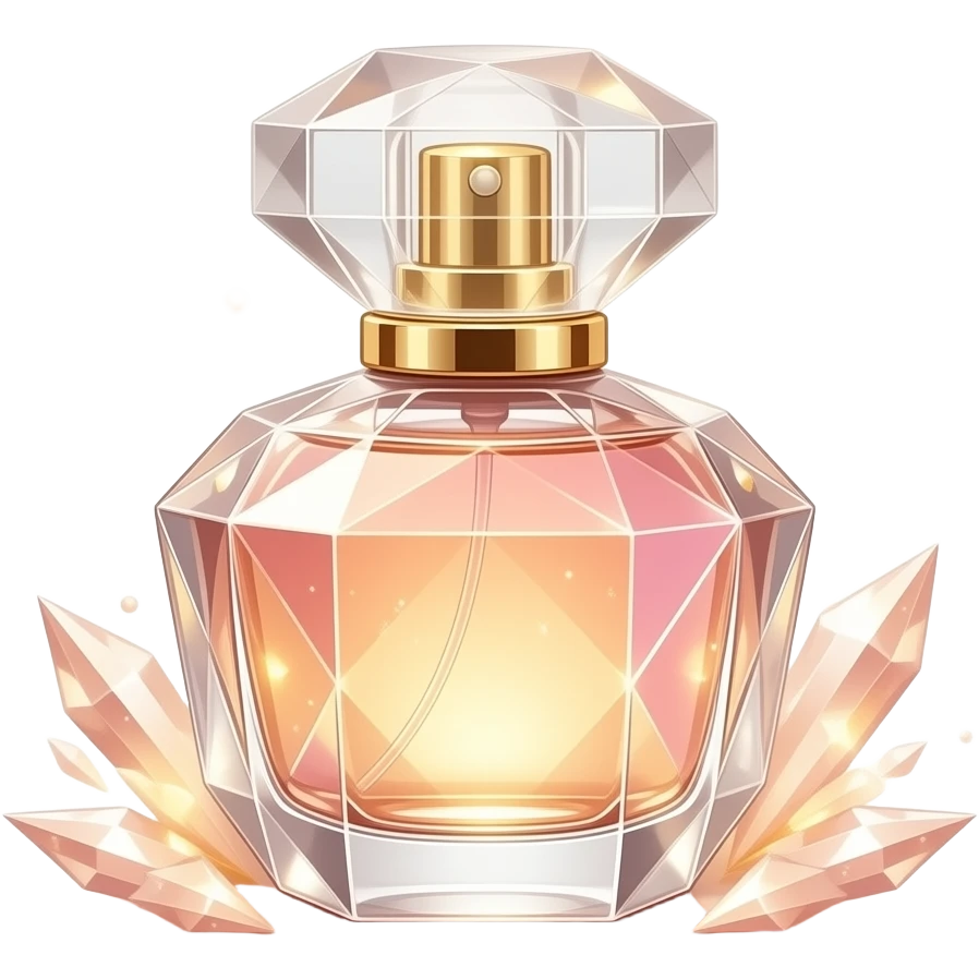 A charming emoji of a small perfume bottle with a faceted crystal-like surface reflecting gold and pink light, sparkles and light prisms around it, ivory and rose gold palette, luxury beauty aesthetic emoji