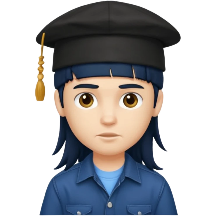 generate a pretty bratz boy wearing a dark blue button up shirt, long black mullet hair. 

Dark blue cap on head emoji