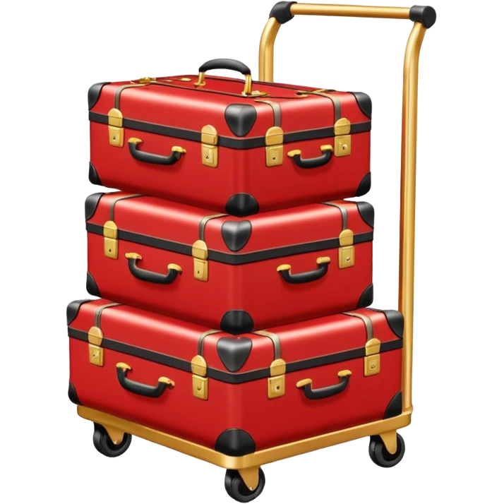 Luggage cart: A polished gold luggage cart with a red carpet base, neatly stacked with suitcases. emoji