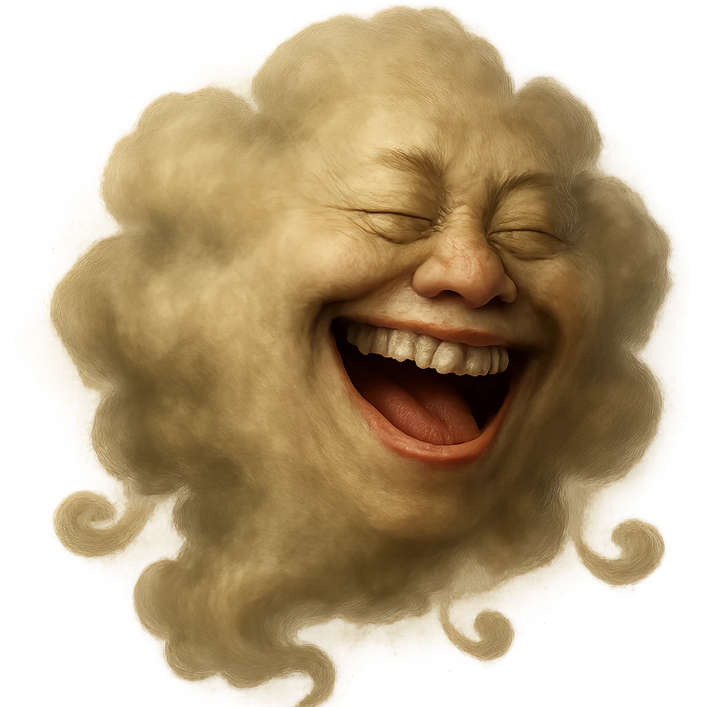 Make this green fart cloud look more realistic with natural gas texture, subtle color gradients, and a believable laughing face. Keep no background. emoji