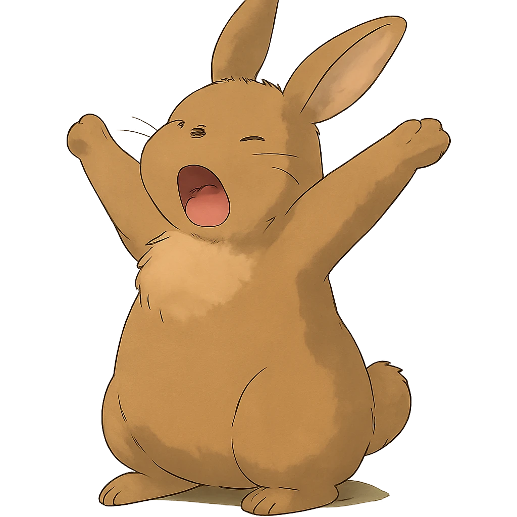 brown bunny stretching arms while yawning, soft ghibli style emoji
