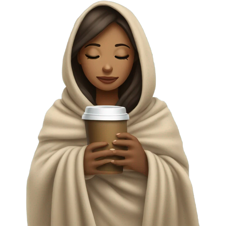 Brunette girl inside a blanket sipping coffee eyes closed emoji