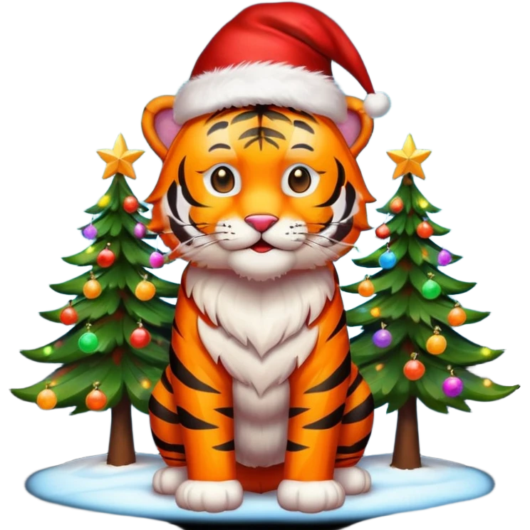 Happy tiger with a Santa hat by a bright glowing colorful Christmas tree emoji