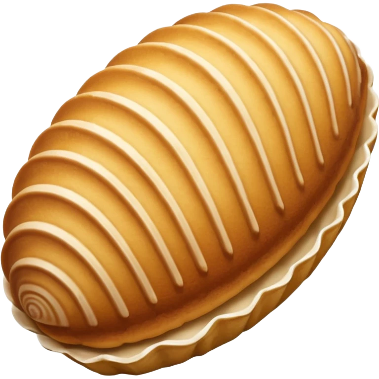 A madeleine pastry. Oval shaped with four to five vertical lines going in the same direction. Scalloped seashell shape. Light golden brown. Scalloped edge. Cookie. Flat. emoji