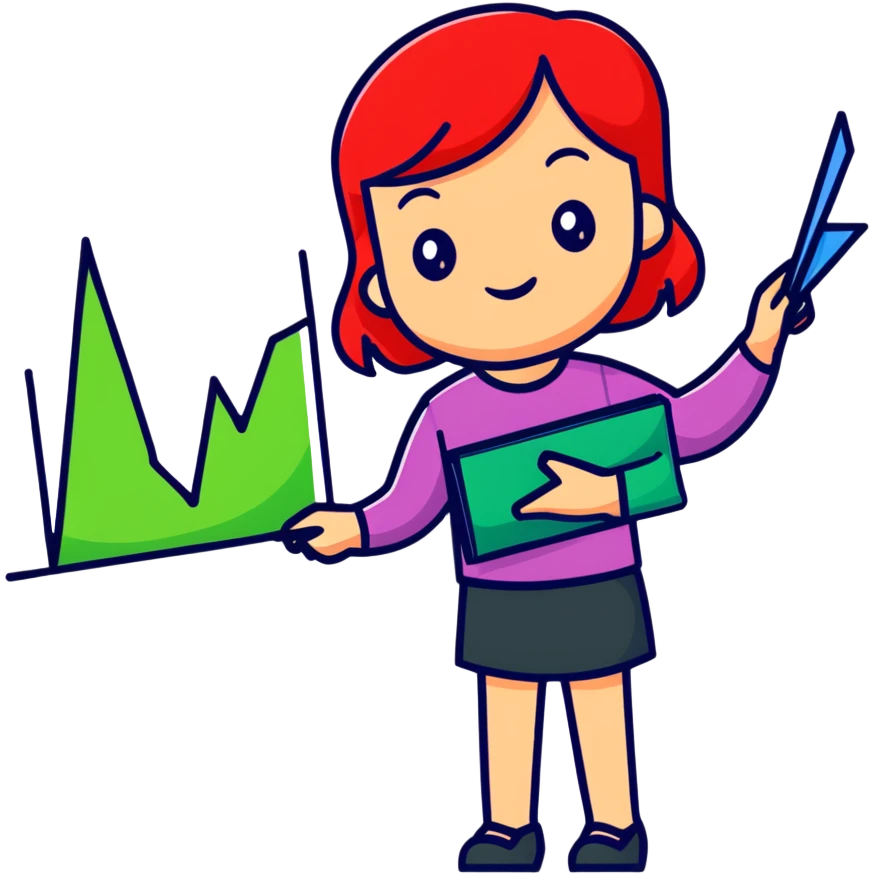 Girl holding chart with rising green graph line in right hand and holding another chart with falling red graph line in left hand emoji