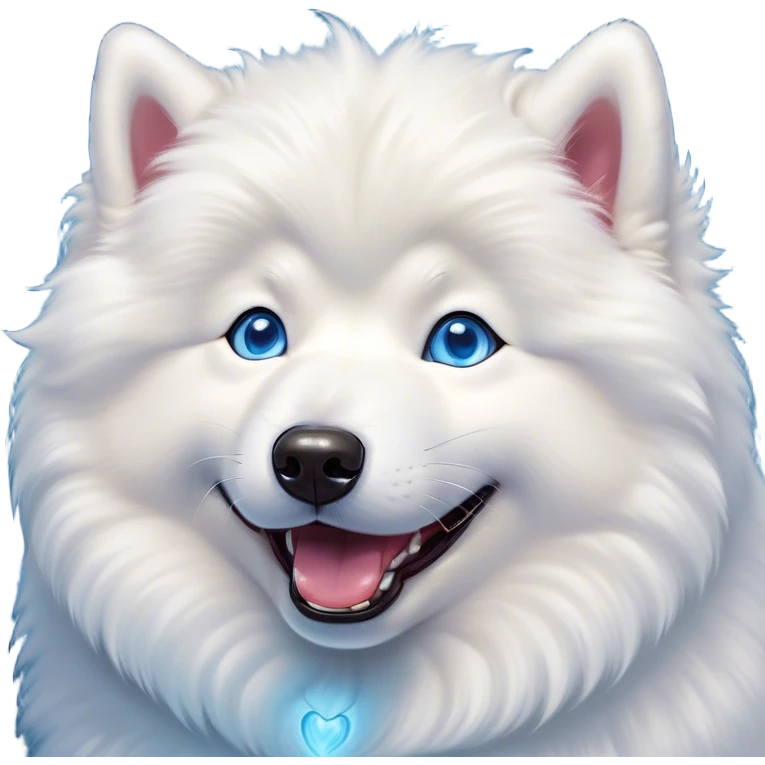 Cinematic Comical Samoyed Portrait Emoji, Head tilted dramatically with an exaggeratedly amused expression, featuring a striking, fluffy white Fur with a radiant sheen, wide, expressive blue eyes filled with playful disbelief, Simplified yet hilariously expressive features, highly detailed, glowing with a slightly sassy glow, high shine, dramatic yet playful, stylized with an air of cheeky mischief, bright and endearing, soft glowing outline, capturing the essence of a spirited and over-the-top companion, so meme-worthy it feels like it could side-eye its way into internet fame instantly! emoji
