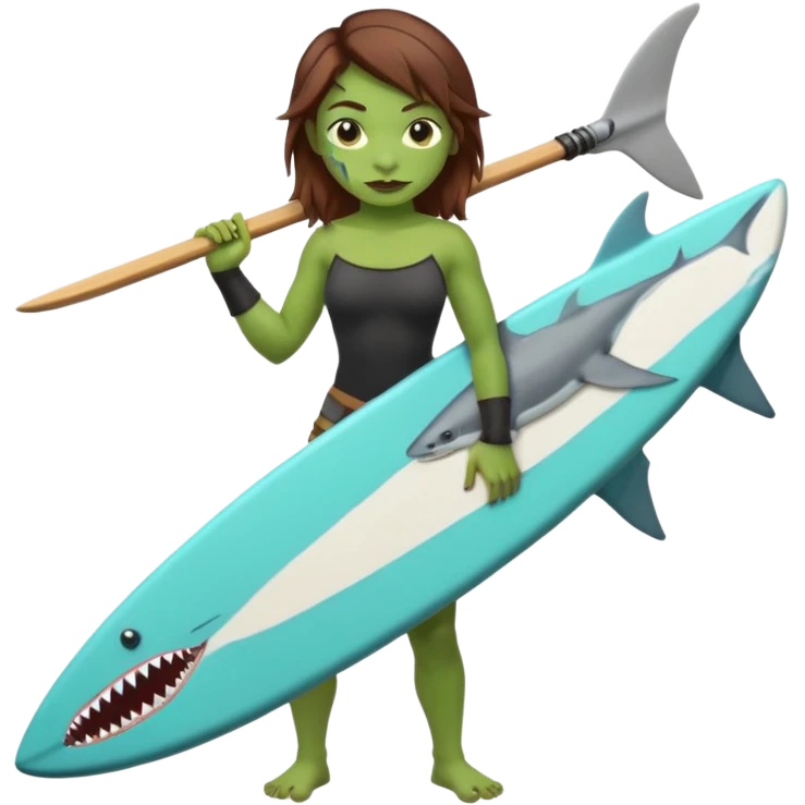orc female holds a little surfboard with a shark painted vertically in his hands emoji