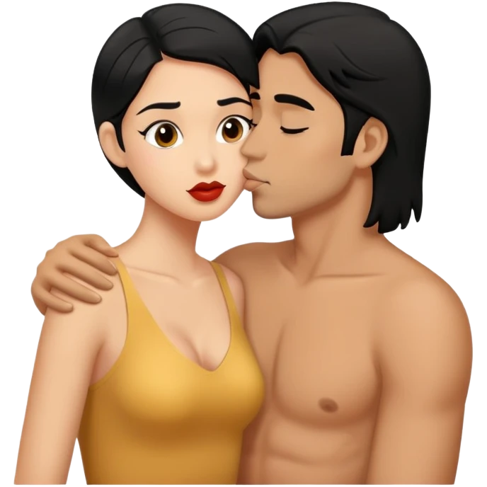 Tan girl with black hair kissing same skintone man with black hair  emoji