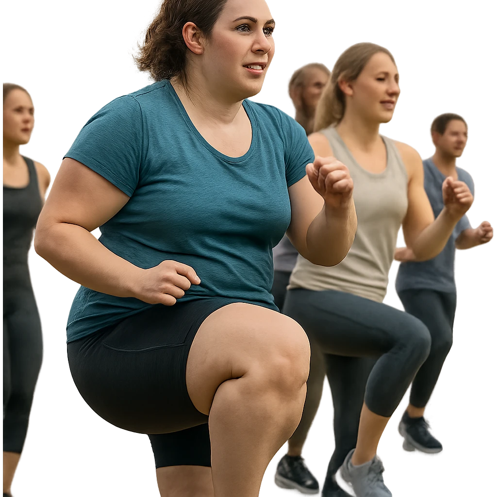 hyper realistic 4K woman training in a group, fat on thighs and legs, normal physique, social atmosphere, realistic details emoji