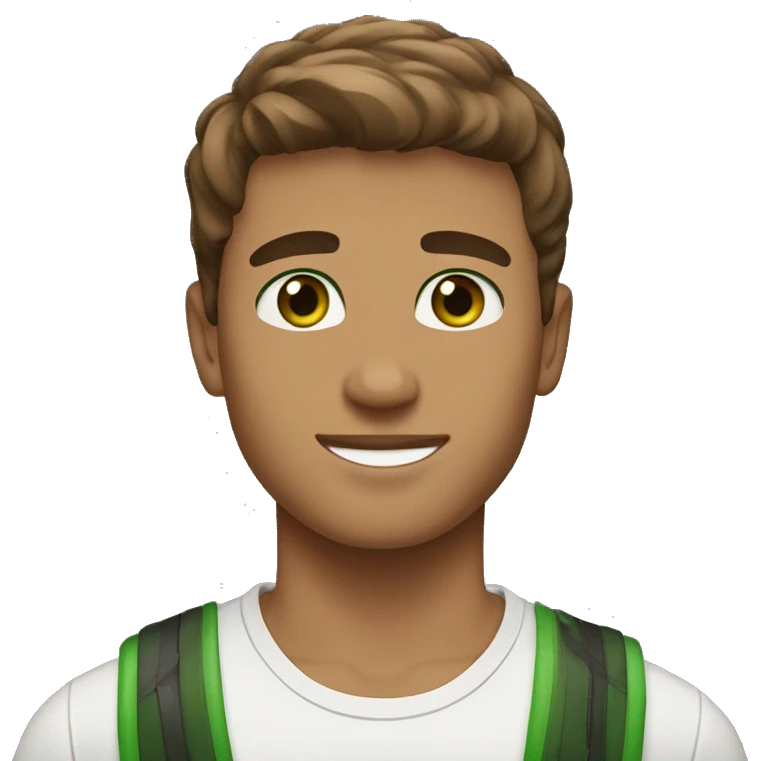 green eyes. handsome. young man. brown skin. brown hair. straight hair. short hair. white race. emoji