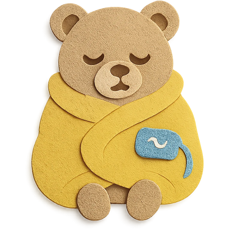fluffy electric blanket bear wrapped around itself, sleepy face, soft beige, full-body emoji