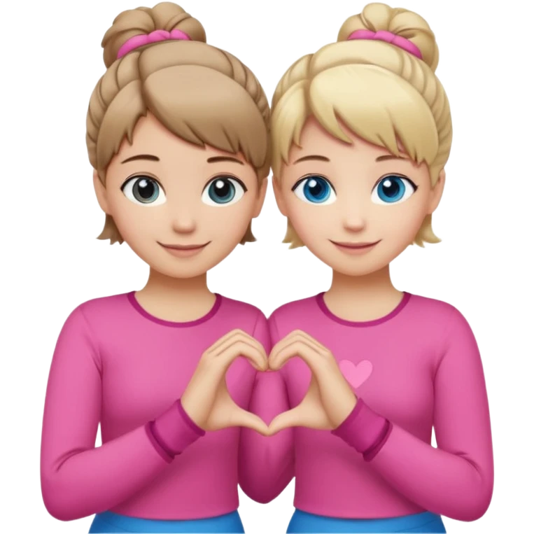 Two best friends making a heart shape with their hands together. One of them has blond hair which is shorter and the other has brown hair tied up. They are both wearing pink outfits. They both have blue eyes  emoji