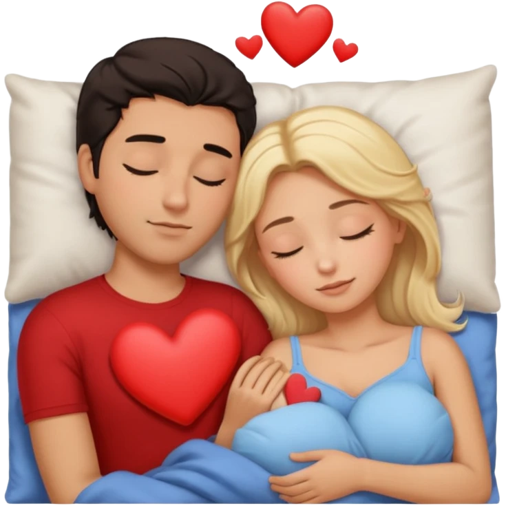 Sleeping romance couple. man has dark hair. woman is blonde. hearts around them. no third person. emoji