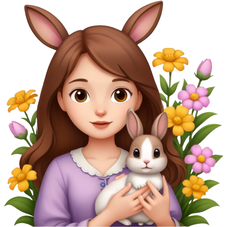 A beautiful brown-haired girl holding a little rabbit in the flowers emoji