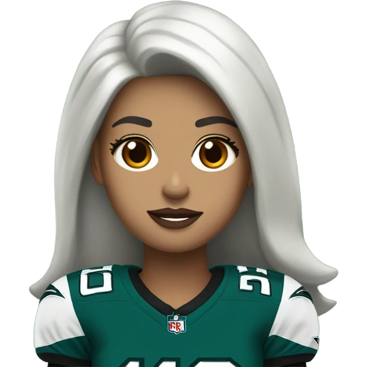 White female long dark hair red lips wearing Philadelphia Eagles jersey emoji