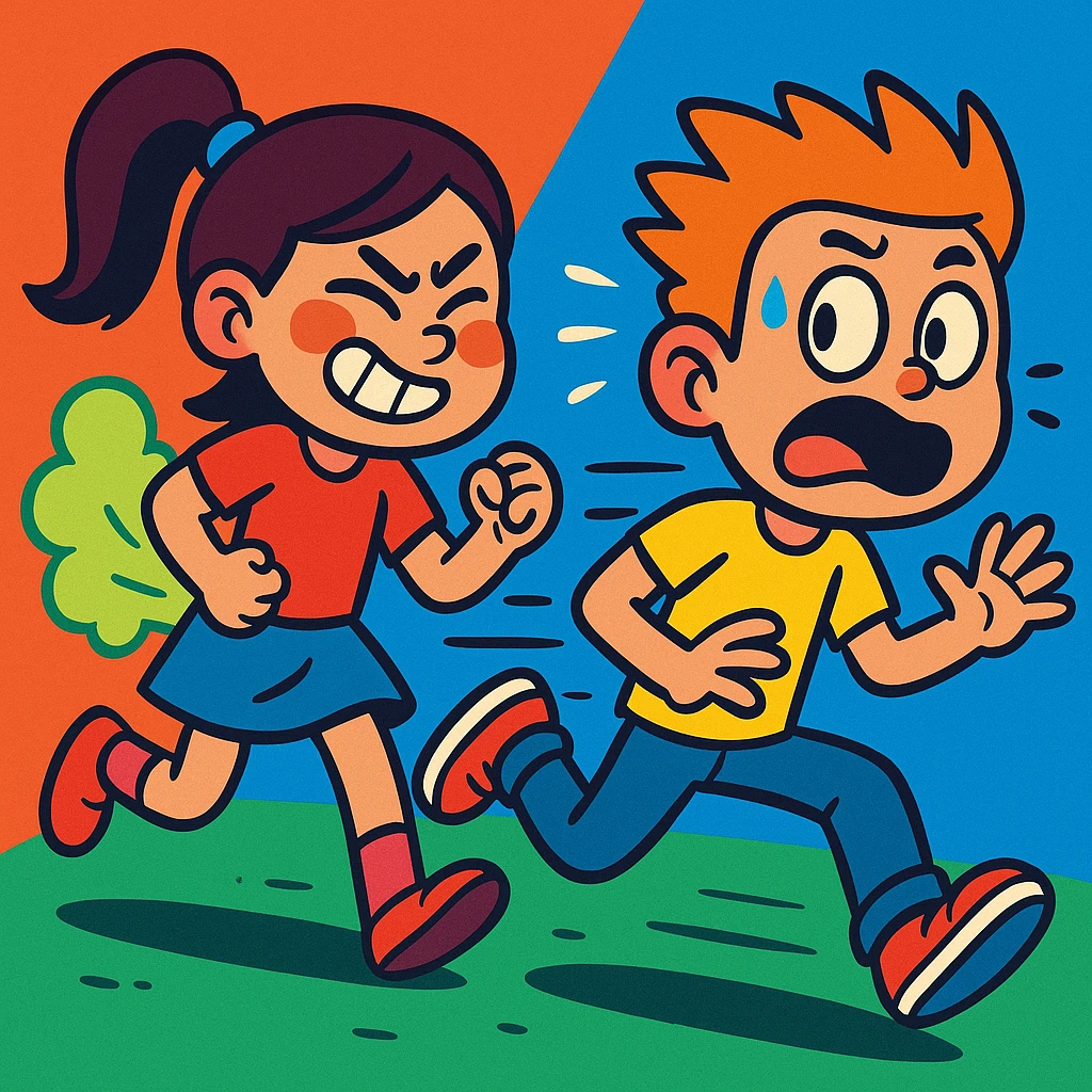 boy running away from a girl who is farting, cartoon style, expressive faces, dynamic action, vibrant toon style, colorful, playful, energetic emoji