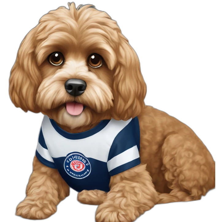 cavoodle dog wearing a geelong afl shirt emoji