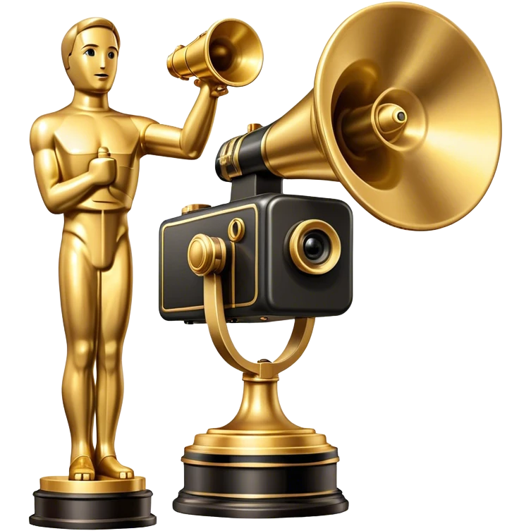 Professional icon for Directing: a cinematic collage with a film camera, a megaphone and an Oscar statuette. The icon should convey the prestige and creative mastery of directing, with a focus on film production and recognition. Transparent background. emoji