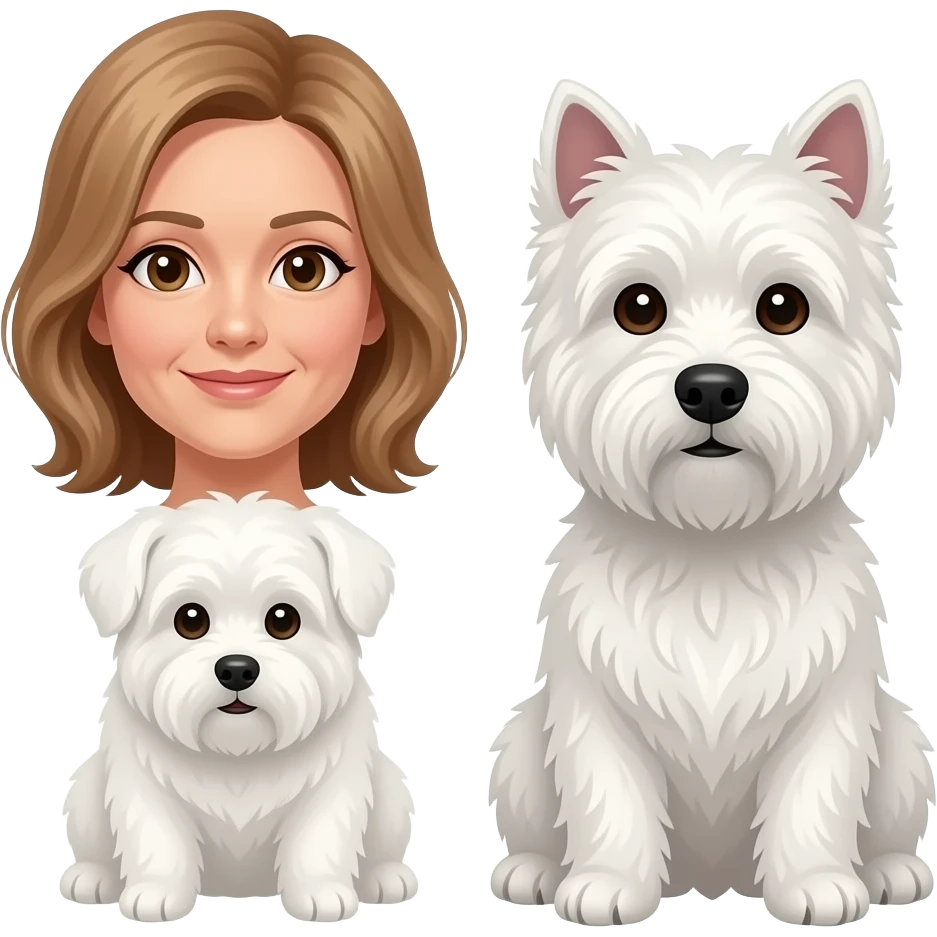 Middle age woman brown eyes , shoulder length light brown hair, with a female westie and a male westie emoji