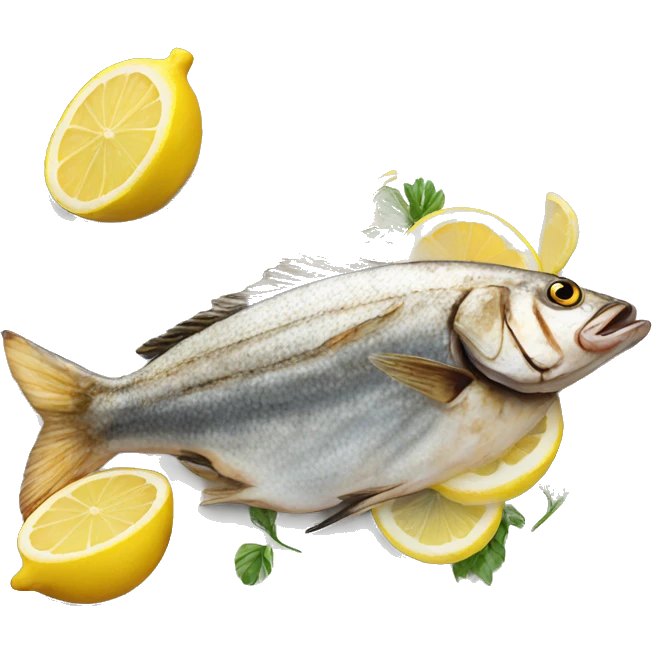 Realistic grilled fish on plate with lemon on the side emoji