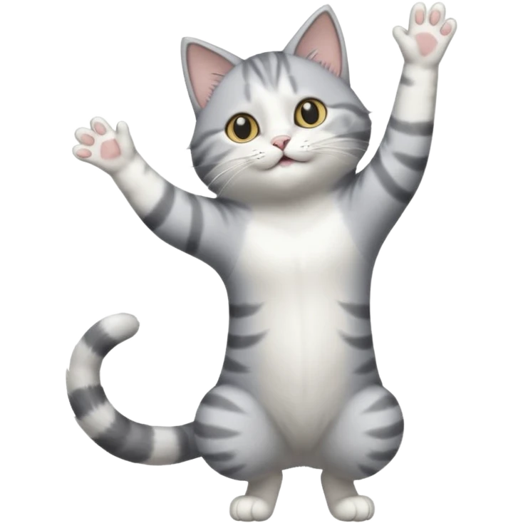 grey and white cat doing a big long stretch reaching up into the airwith arms together emoji