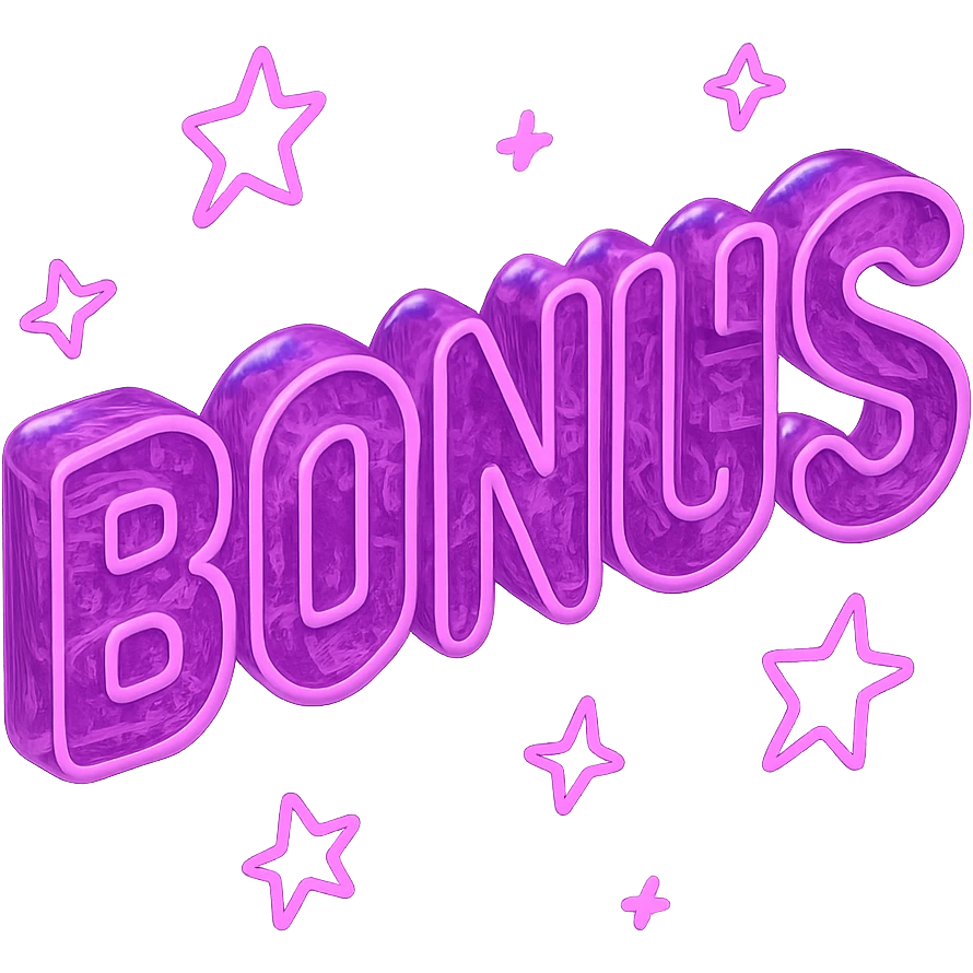 the word BONUS in large neon letters, all the same neon color, surrounded by stars, no background or sign behind, just the letters and stars, retro neon style emoji