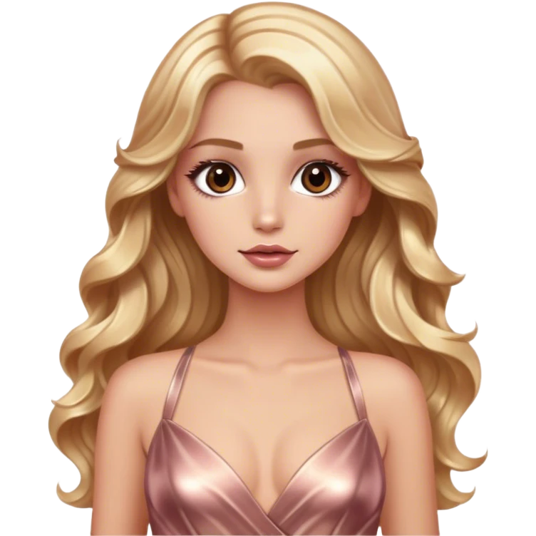 blonde model, brown eyes, long wavy hair, metallic rose gold gown emoji