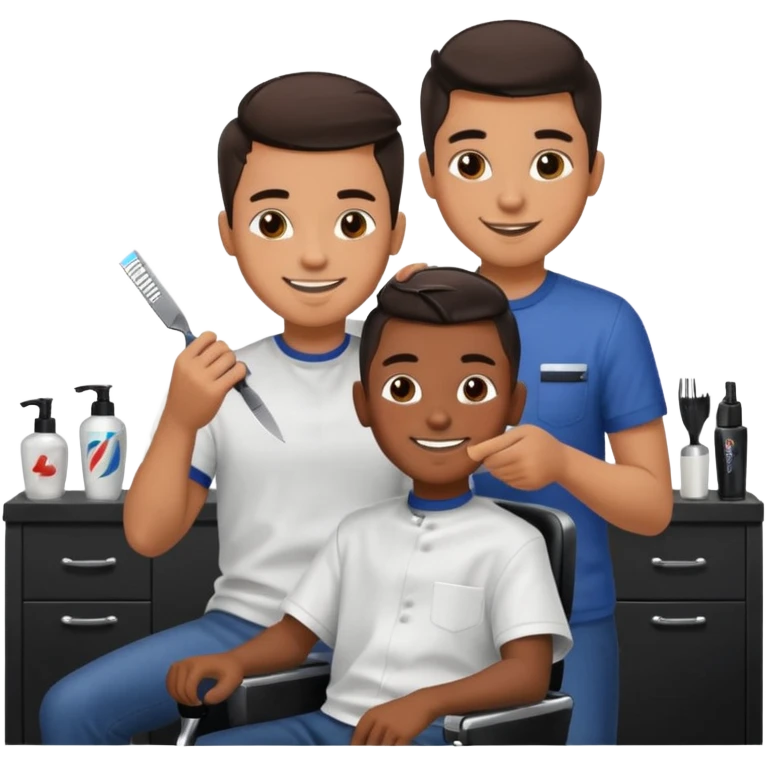 Barber cutting teenage boys hair. Show the boy sat in black barber chair and both having smiles on their faces. Both have dark hair emoji