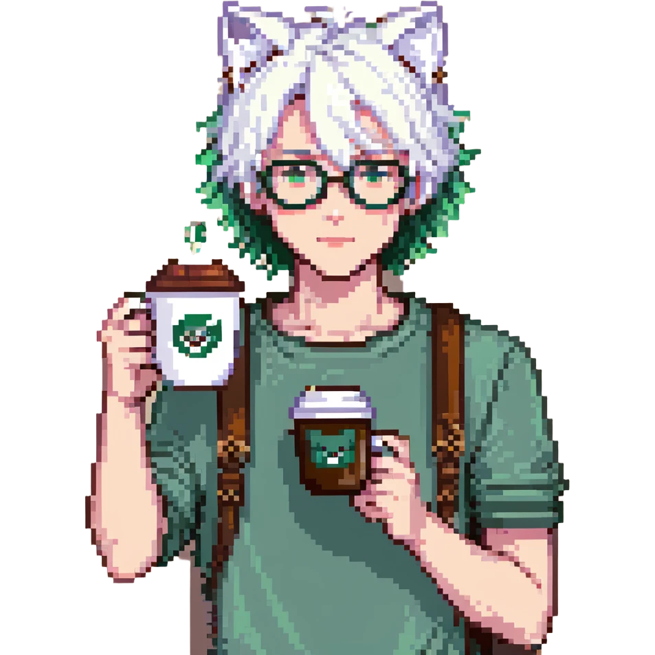 An anime guy with white hair, white cat ears, green eyes, and glasses, holding a coffee cup in his hand and waving emoji