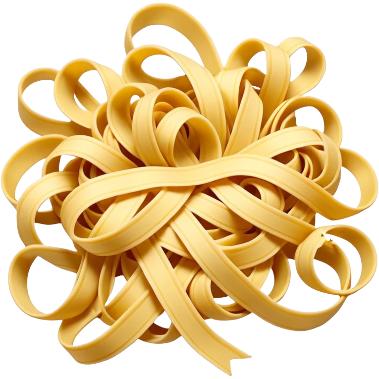 loose nest or small pile of uncooked fresh tagliatelle pasta, warm yellow color, soft slightly flour-dusted surface, long flat ribbons with gentle curls and natural irregularity, no plate sauce or garnish, soft lighting, subtle shadows, emoji scale emoji