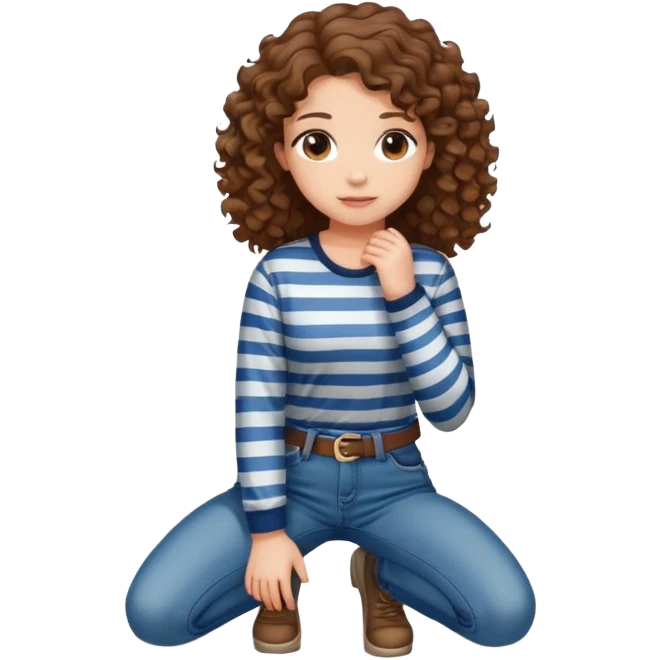 girl with curly hair in jeans and striped shirt kneeling on the ground seen from behind emoji