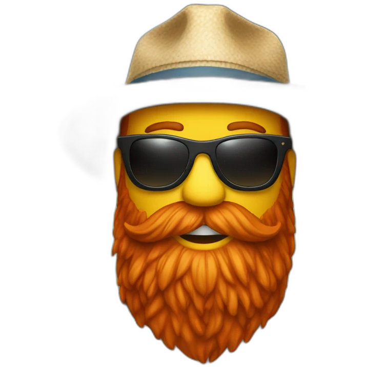 red beard with bucket hat wearing sunglasses and holding a beer emoji